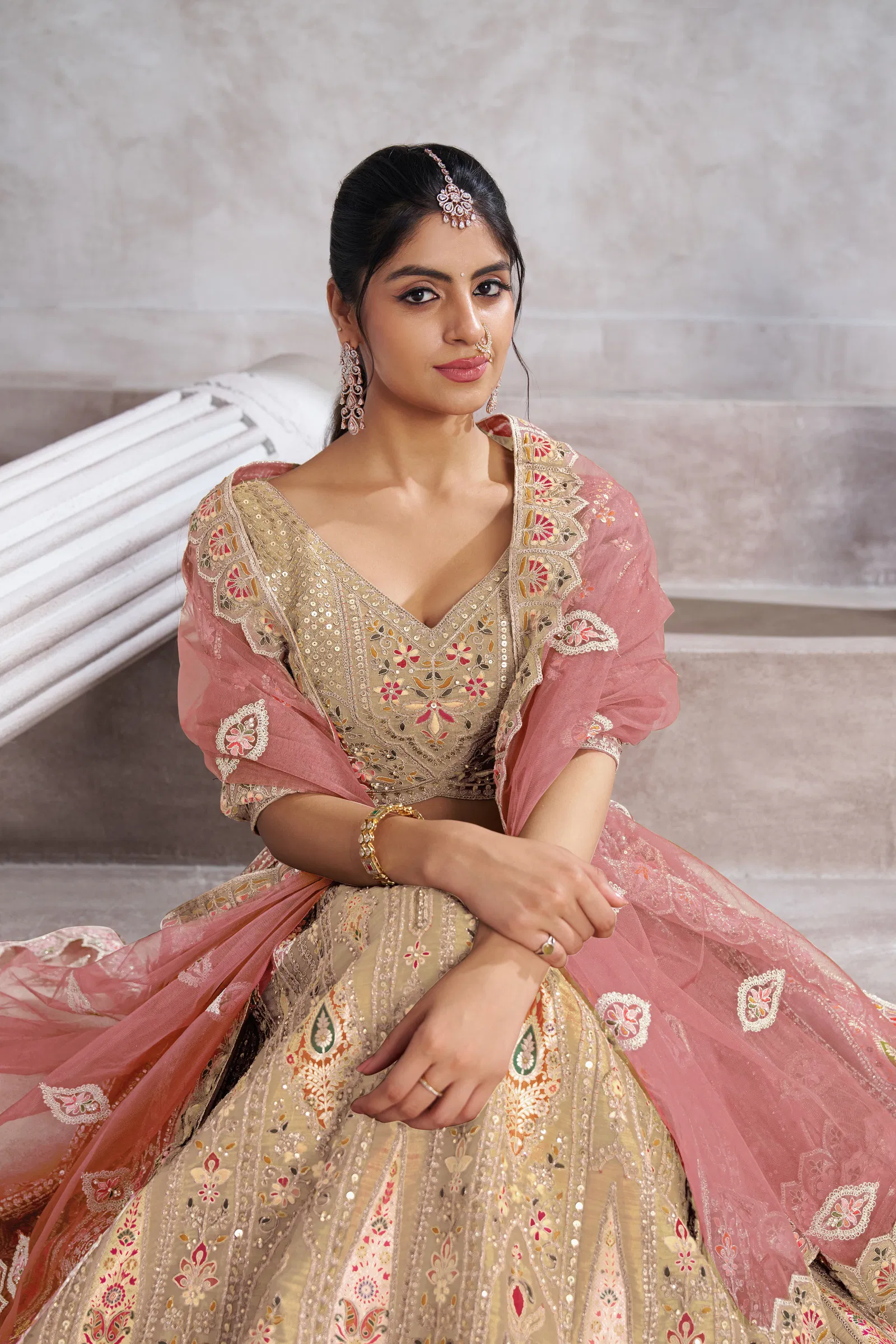 Kf 32 Chiku Banarasi Silk Patch Work Semi Bridal Lehenga Choli Online Wholesale